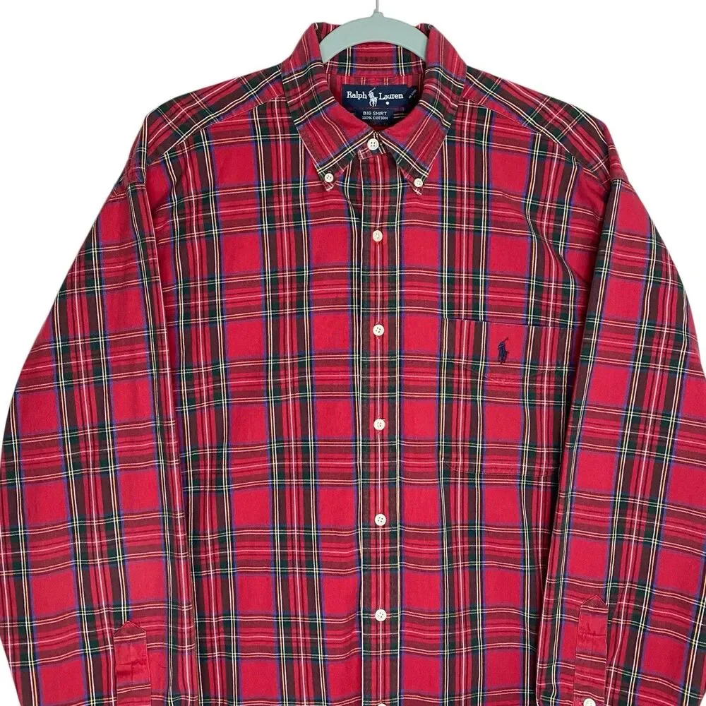 Vtg Polo Ralph Lauren Big Shirt Mens L Red Button Down Plaid Pony Preppy LS 90s